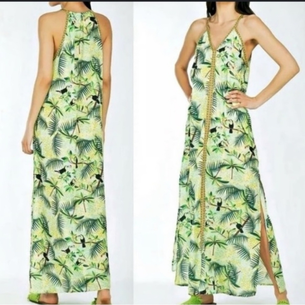 NWOT AMERICA & BEYOND TROPICAL LEAF PRINT DOUBLE SLIT MAXI DRESS SZ L